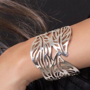Silver plated leaf feather bangle cuff bracelet